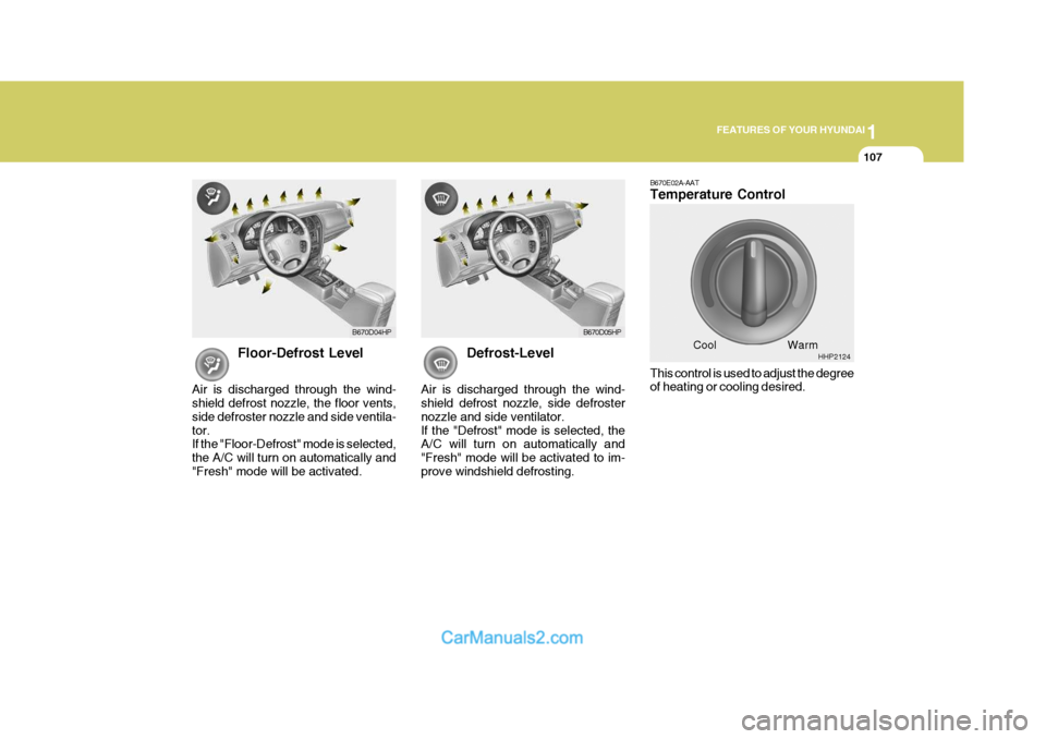 Hyundai Terracan 2006 Owners Manual 1
FEATURES OF YOUR HYUNDAI
107
Floor-Defrost Level
Air is discharged through the wind- shield defrost nozzle, the floor vents, side defroster nozzle and side ventila-tor. If the "Floor-Defrost" mode i Hyundai Terracan 2006 Owners Manual 1
FEATURES OF YOUR HYUNDAI
107
Floor-Defrost Level
Air is discharged through the wind- shield defrost nozzle, the floor vents, side defroster nozzle and side ventila-tor. If the "Floor-Defrost" mode i