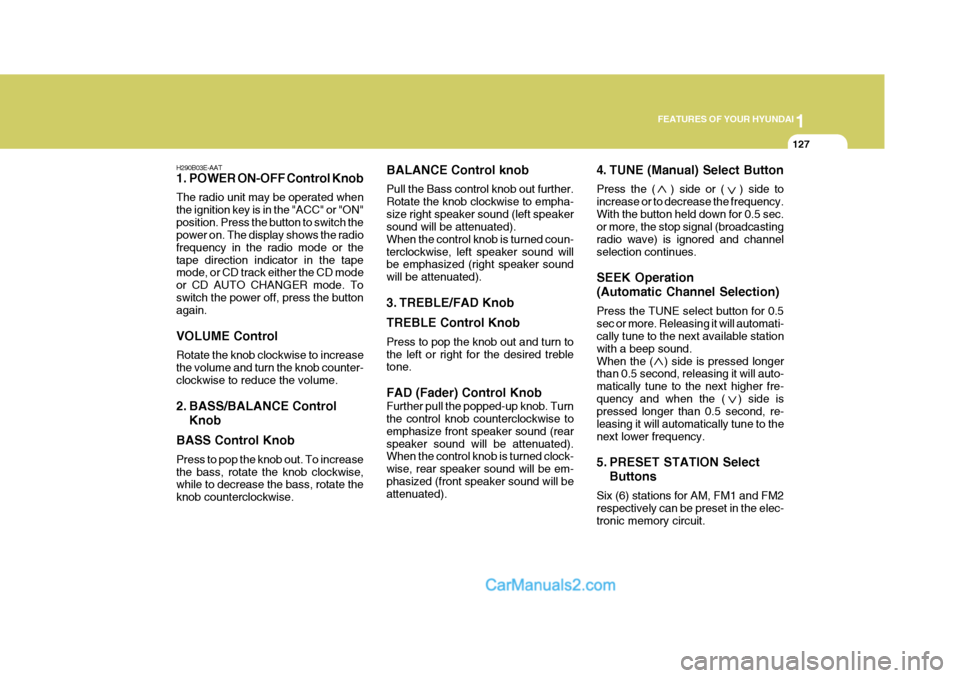 Hyundai Terracan 2006  Owners Manual 1
FEATURES OF YOUR HYUNDAI
127
H290B03E-AAT 
1. POWER ON-OFF Control Knob The radio unit may be operated when the ignition key is in the "ACC" or "ON"position. Press the button to switch the power on.