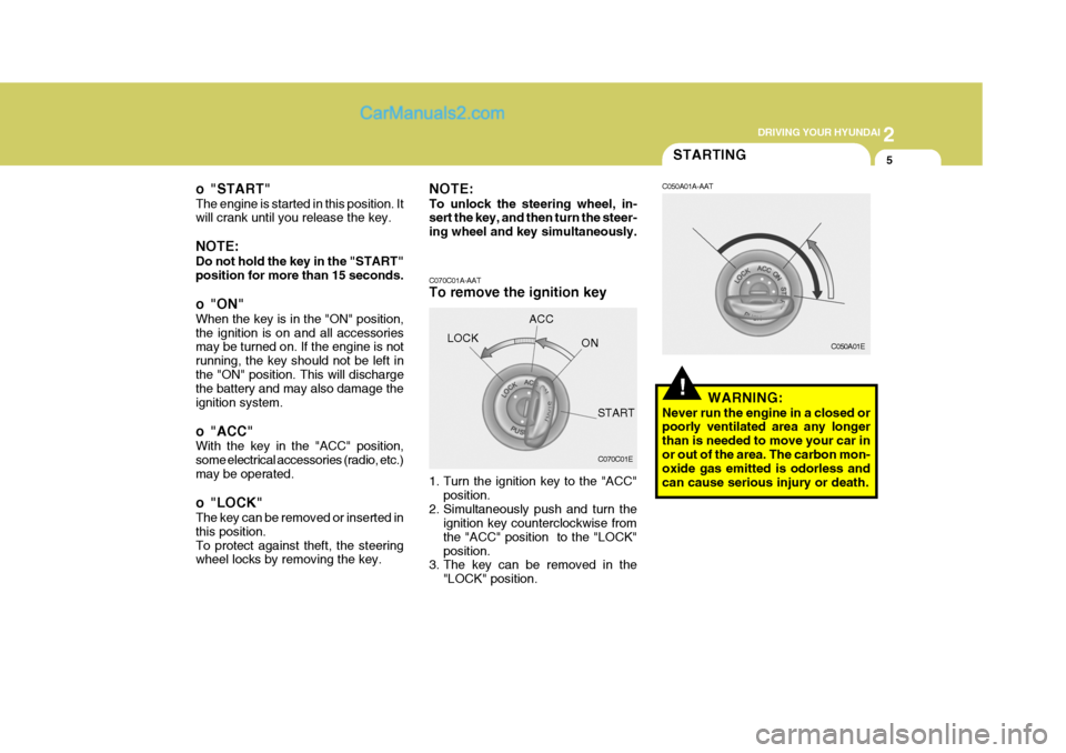 Hyundai Terracan 2006  Owners Manual 2
 DRIVING YOUR HYUNDAI
5
o "START" The engine is started in this position. It will crank until you release the key. NOTE: Do not hold the key in the "START" position for more than 15 seconds. 
o "ON"
