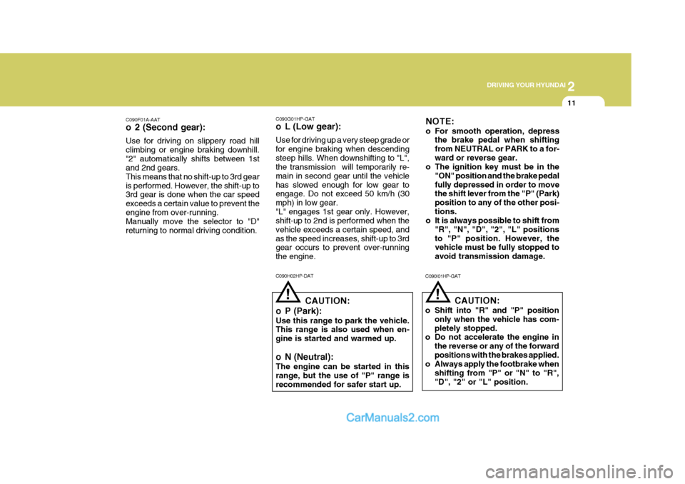 Hyundai Terracan 2006 Owners Manual 2
DRIVING YOUR HYUNDAI
11
!
C090F01A-AAT
o 2 (Second gear): Use for driving on slippery road hill climbing or engine braking downhill."2" automatically shifts between 1st and 2nd gears. This means t Hyundai Terracan 2006 Owners Manual 2
DRIVING YOUR HYUNDAI
11
!
C090F01A-AAT
o 2 (Second gear): Use for driving on slippery road hill climbing or engine braking downhill."2" automatically shifts between 1st and 2nd gears. This means t