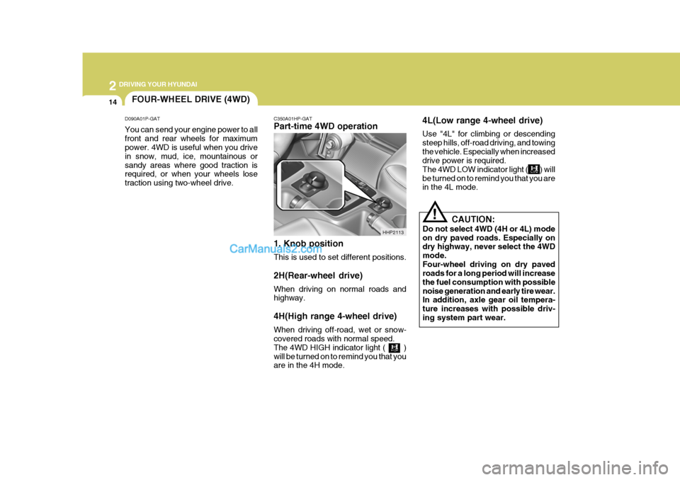 Hyundai Terracan 2006 Owners Manual 2 DRIVING YOUR HYUNDAI
14
!
C350A01HP-GAT Part-time 4WD operation 1. Knob position This is used to set different positions. 2H(Rear-wheel drive) When driving on normal roads and highway. 4H(High range Hyundai Terracan 2006 Owners Manual 2 DRIVING YOUR HYUNDAI
14
!
C350A01HP-GAT Part-time 4WD operation 1. Knob position This is used to set different positions. 2H(Rear-wheel drive) When driving on normal roads and highway. 4H(High range