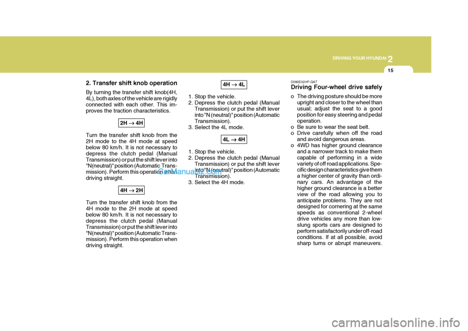 Hyundai Terracan 2006 Owners Manual 2
DRIVING YOUR HYUNDAI
15
2. Transfer shift knob operation By turning the transfer shift knob(4H, 4L), both axles of the vehicle are rigidlyconnected with each other. This im- proves the traction cha Hyundai Terracan 2006 Owners Manual 2
DRIVING YOUR HYUNDAI
15
2. Transfer shift knob operation By turning the transfer shift knob(4H, 4L), both axles of the vehicle are rigidlyconnected with each other. This im- proves the traction cha