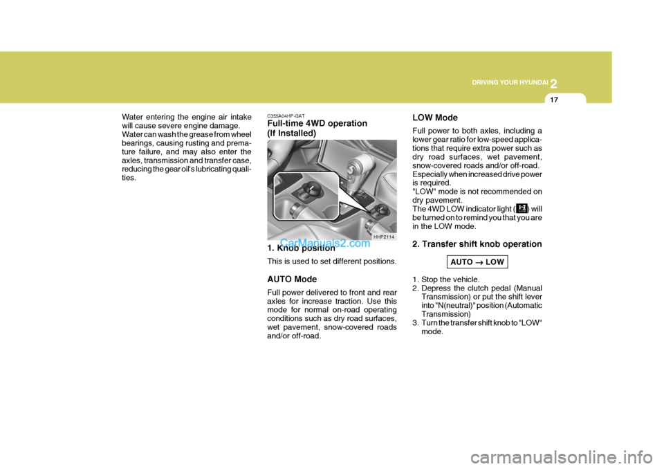 Hyundai Terracan 2006 Owners Manual 2
DRIVING YOUR HYUNDAI
17
C355A04HP-GAT Full-time 4WD operation (If Installed) 1. Knob position This is used to set different positions. AUTO Mode Full power delivered to front and rear axles for inc Hyundai Terracan 2006 Owners Manual 2
DRIVING YOUR HYUNDAI
17
C355A04HP-GAT Full-time 4WD operation (If Installed) 1. Knob position This is used to set different positions. AUTO Mode Full power delivered to front and rear axles for inc