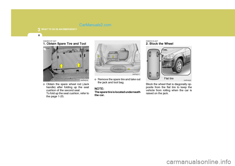 Hyundai Terracan 2006 Owners Manual 3 WHAT TO DO IN AN EMERGENCY
8
o Remove the spare tire and take out
the jack and tool bag.
NOTE: The spare tire is located underneath the car. D060C01A-AAT 2. Block the Wheel Block the wheel that is d Hyundai Terracan 2006 Owners Manual 3 WHAT TO DO IN AN EMERGENCY
8
o Remove the spare tire and take out
the jack and tool bag.
NOTE: The spare tire is located underneath the car. D060C01A-AAT 2. Block the Wheel Block the wheel that is d