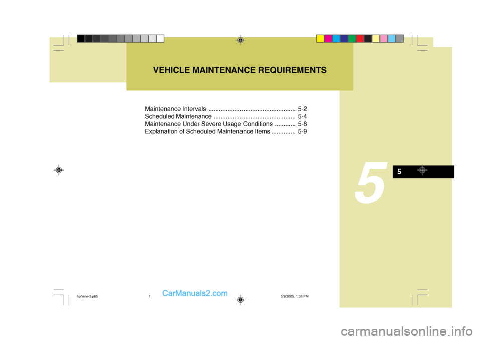 Hyundai Terracan 2006 Owners Manual Maintenance Intervals .................................................. 5-2
Scheduled Maintenance ............................................... 5-4
Maintenance Under Severe Usage Conditions ...... Hyundai Terracan 2006 Owners Manual Maintenance Intervals .................................................. 5-2
Scheduled Maintenance ............................................... 5-4
Maintenance Under Severe Usage Conditions ......