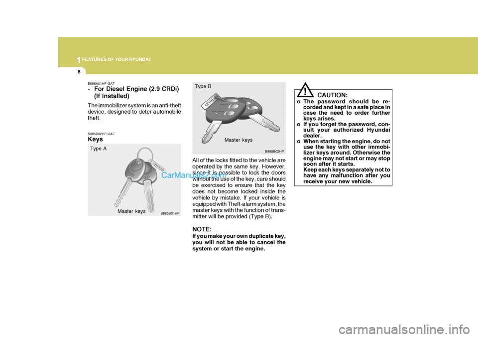 Hyundai Terracan 2006  Owners Manual 1FEATURES OF YOUR HYUNDAI
8
B885B02HP-GAT Keys
All of the locks fitted to the vehicle are operated by the same key. However, since it is possible to lock the doors without the use of the key, care sho