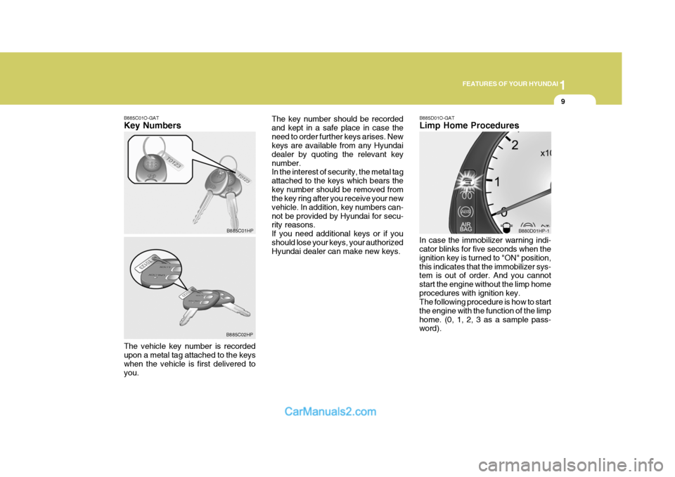 Hyundai Terracan 2006 Owners Guide 1
FEATURES OF YOUR HYUNDAI
9
B885C01O-GAT Key Numbers B885D01O-GATLimp Home Procedures
In case the immobilizer warning indi- cator blinks for five seconds when the ignition key is turned to "ON" posit