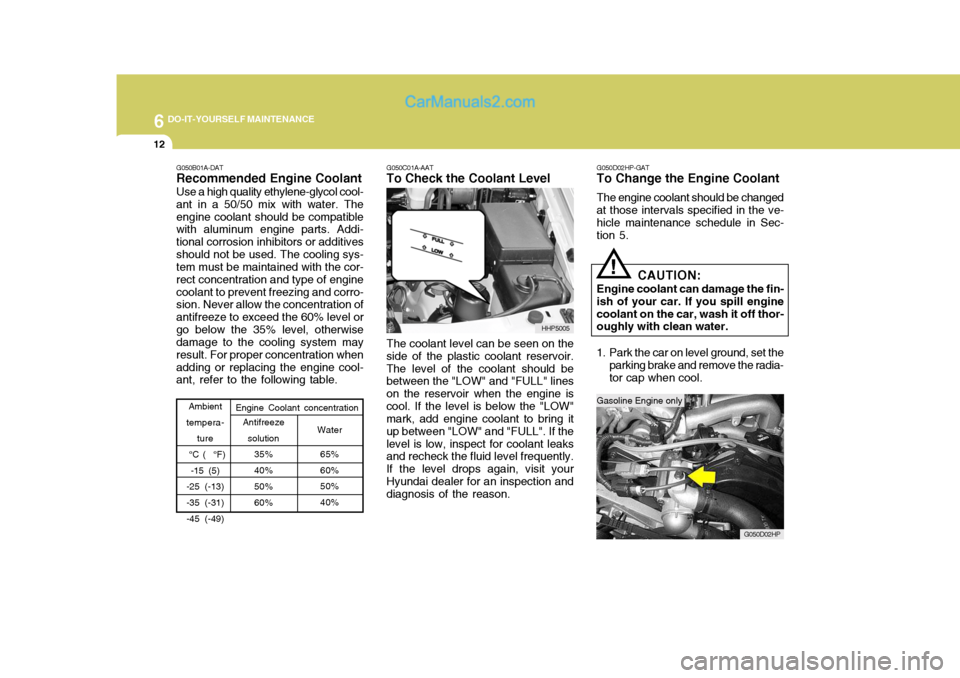 Hyundai Terracan 2006 Owners Manual 6 DO-IT-YOURSELF MAINTENANCE
12
!
Ambient
tempera-
ture
°C ( °F)
-15 (5)
-25 (-13) -35 (-31) -45 (-49) Engine Coolant concentration
Water
65% 60% 50% 40%
Antifreeze solution 35% 40% 50% 60%
G050C0 Hyundai Terracan 2006 Owners Manual 6 DO-IT-YOURSELF MAINTENANCE
12
!
Ambient
tempera-
ture
°C ( °F)
-15 (5)
-25 (-13) -35 (-31) -45 (-49) Engine Coolant concentration
Water
65% 60% 50% 40%
Antifreeze solution 35% 40% 50% 60%
G050C0