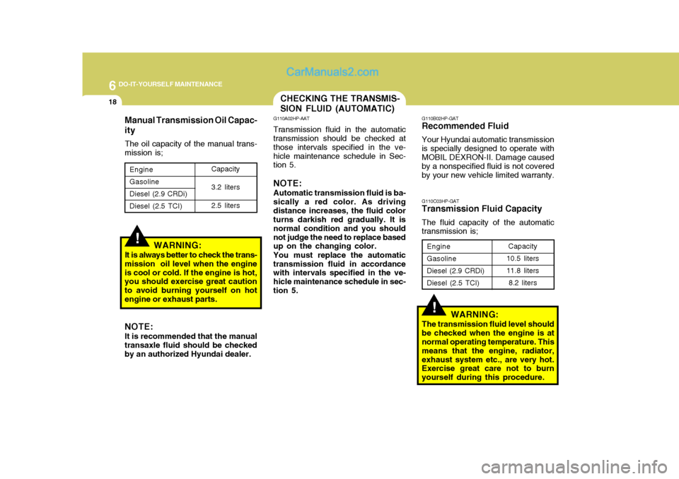 Hyundai Terracan 2006 Owners Manual 6 DO-IT-YOURSELF MAINTENANCE
18
Manual Transmission Oil Capac- ity
The oil capacity of the manual trans-
mission is;
WARNING:
It is always better to check the trans-
mission oil level when the engine Hyundai Terracan 2006 Owners Manual 6 DO-IT-YOURSELF MAINTENANCE
18
Manual Transmission Oil Capac- ity
The oil capacity of the manual trans-
mission is;
WARNING:
It is always better to check the trans-
mission oil level when the engine