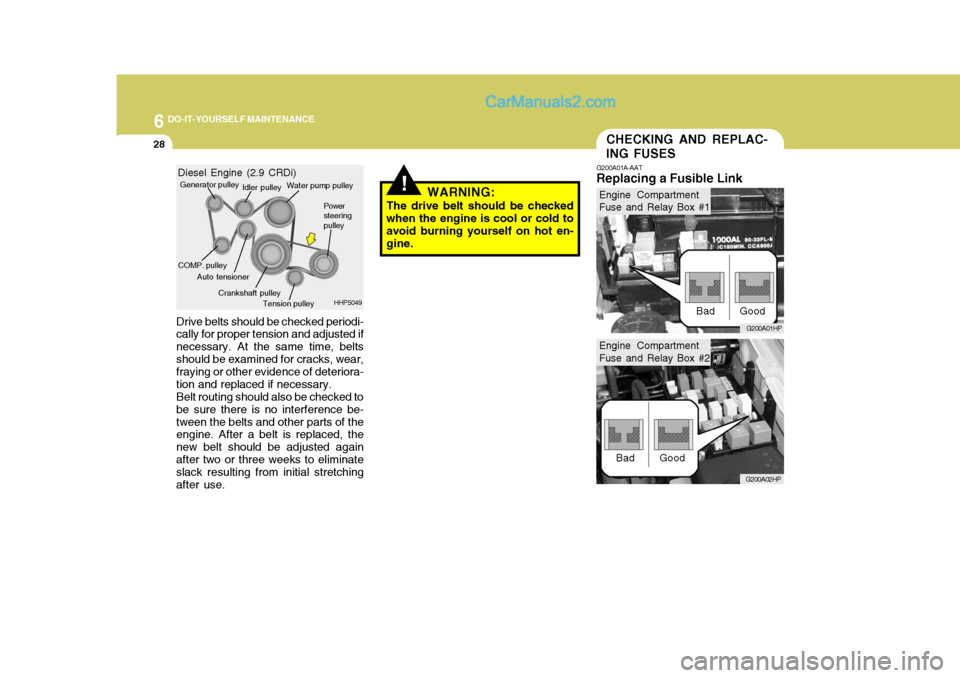 Hyundai Terracan 2006  Owners Manual 6 DO-IT-YOURSELF MAINTENANCE
28
Drive belts should be checked periodi- cally for proper tension and adjusted if necessary. At the same time, beltsshould be examined for cracks, wear, fraying or other 