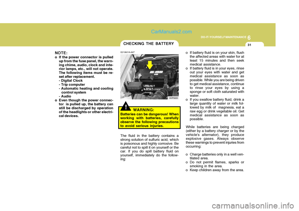 Hyundai Terracan 2006 User Guide 6
DO-IT-YOURSELF MAINTENANCE
31CHECKING THE BATTERY
!
G210A01A-AAT
WARNING:
Batteries can be dangerous! When
working with batteries, carefully observe the following precautionsto avoid serious injurie