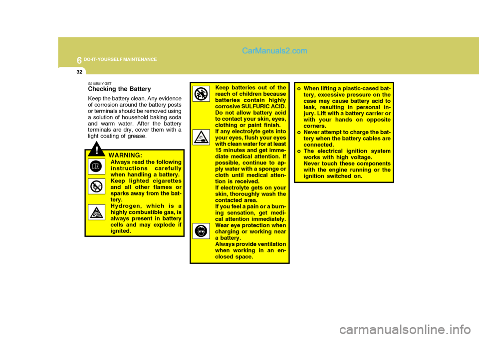 Hyundai Terracan 2006  Owners Manual 6 DO-IT-YOURSELF MAINTENANCE
32
!
G210B01Y-GET
Checking the Battery
Keep the battery clean. Any evidence
of corrosion around the battery posts or terminals should be removed using a solution of househ