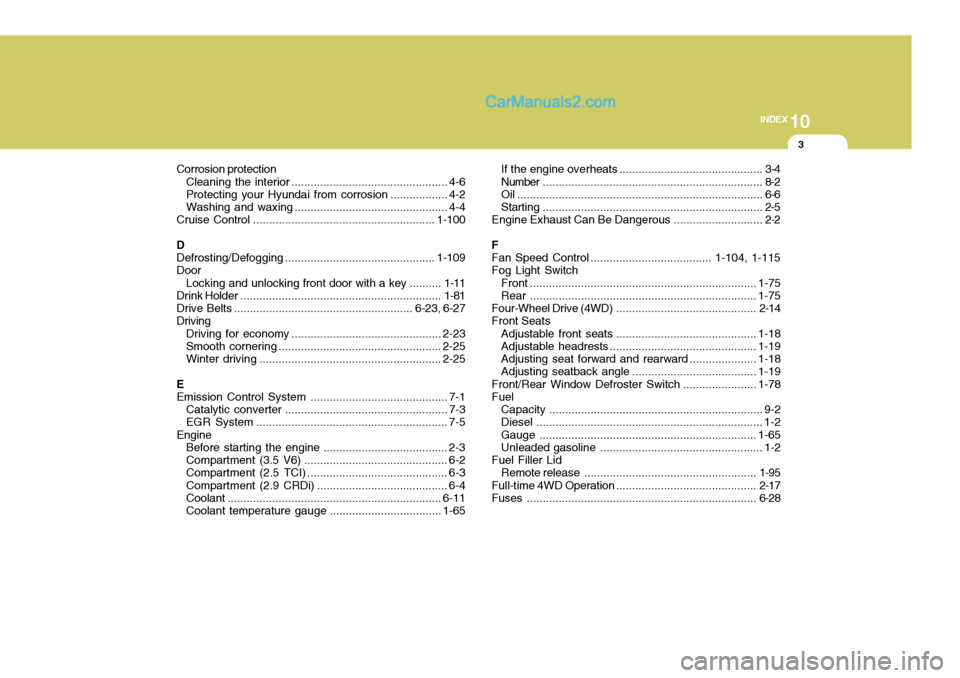 Hyundai Terracan 2006  Owners Manual 10
INDEX
3
Corrosion protection Cleaning the interior ................................................. 4-6
Protecting your Hyundai from  corrosion .................. 4-2
Washing and  waxing .........