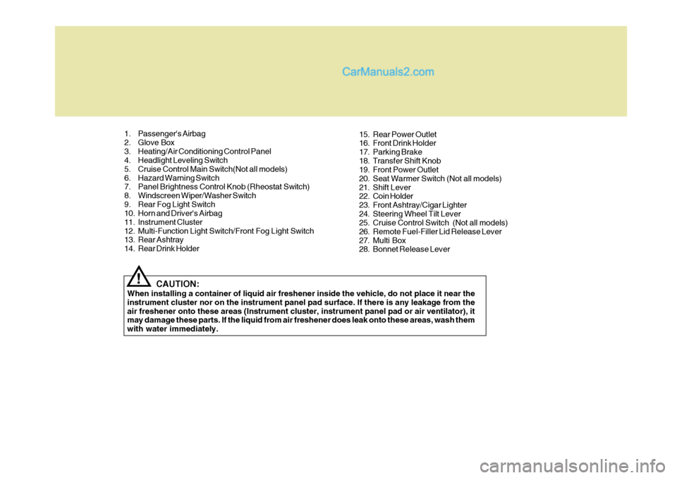 Hyundai Terracan 2006  Owners Manual CAUTION:
When installing a container of liquid air freshener inside the vehicle, do not place it near the instrument cluster nor on the instrument panel pad surface. If there is any leakage from theai