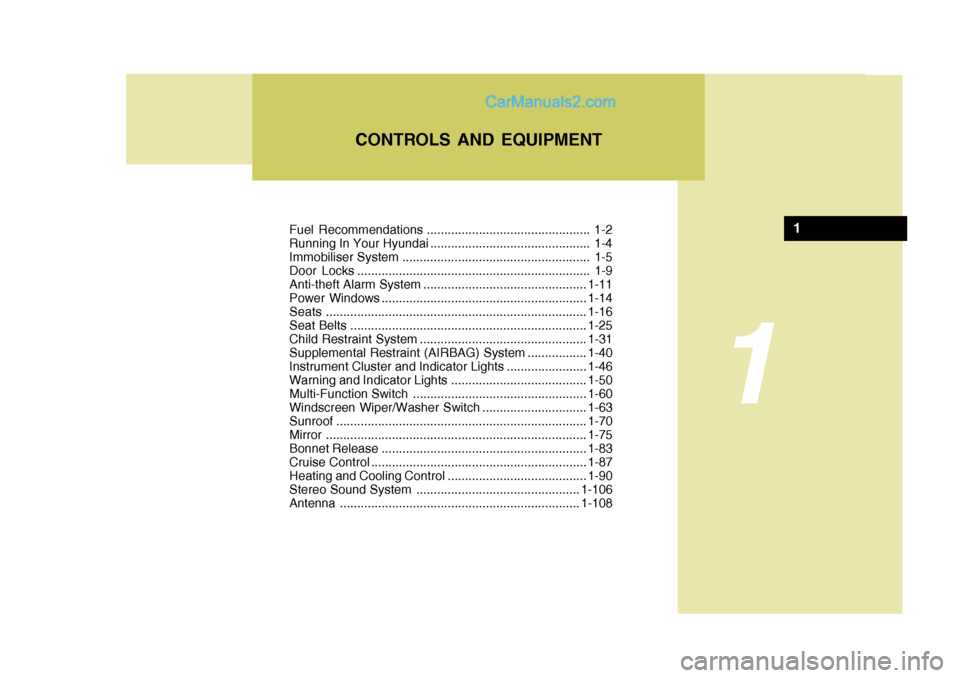 Hyundai Terracan 2006  Owners Manual Fuel Recommendations ............................................... 1-2 
Running In Your Hyundai .............................................. 1-4
Immobiliser System ................................