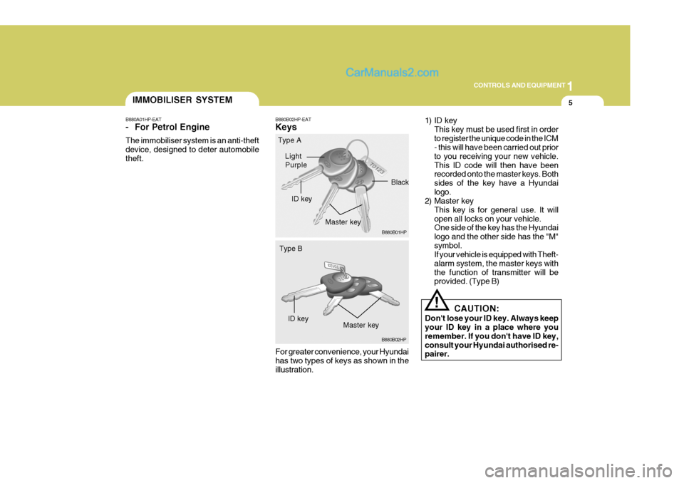 Hyundai Terracan 2006 Owners Manual 1
CONTROLS AND EQUIPMENT
5
B880B02HP-EAT Keys For greater convenience, your Hyundai has two types of keys as shown in the illustration. 1) ID key
This key must be used first in order to register the u Hyundai Terracan 2006 Owners Manual 1
CONTROLS AND EQUIPMENT
5
B880B02HP-EAT Keys For greater convenience, your Hyundai has two types of keys as shown in the illustration. 1) ID key
This key must be used first in order to register the u