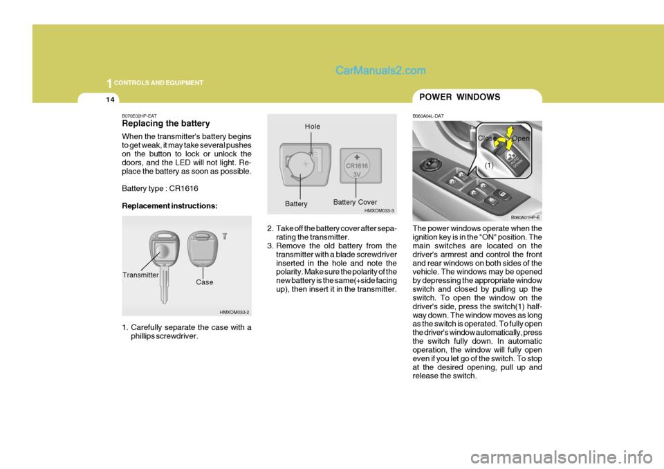 Hyundai Terracan 2006 Owners Manual 1CONTROLS AND EQUIPMENT
14
B070E02HP-EAT Replacing the battery When the transmitters battery begins to get weak, it may take several pusheson the button to lock or unlock the doors, and the LED will Hyundai Terracan 2006 Owners Manual 1CONTROLS AND EQUIPMENT
14
B070E02HP-EAT Replacing the battery When the transmitters battery begins to get weak, it may take several pusheson the button to lock or unlock the doors, and the LED will