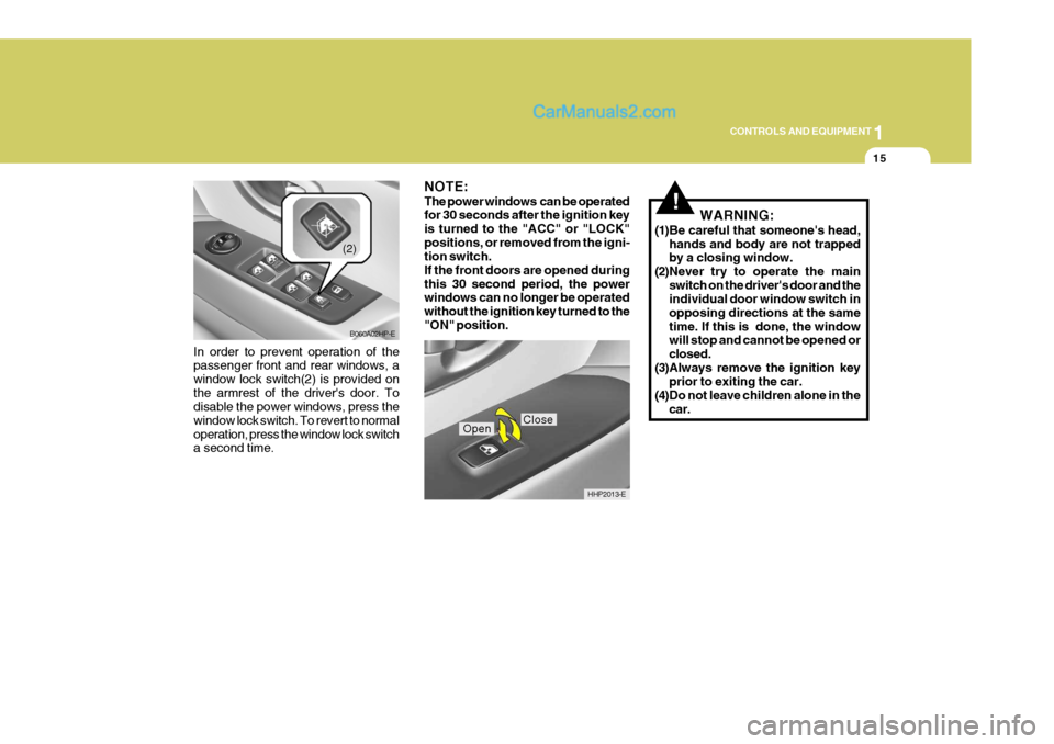 Hyundai Terracan 2006 Owners Manual 1
CONTROLS AND EQUIPMENT
15
In order to prevent operation of the passenger front and rear windows, a window lock switch(2) is provided onthe armrest of the drivers door. To disable the power windows, Hyundai Terracan 2006 Owners Manual 1
CONTROLS AND EQUIPMENT
15
In order to prevent operation of the passenger front and rear windows, a window lock switch(2) is provided onthe armrest of the drivers door. To disable the power windows,