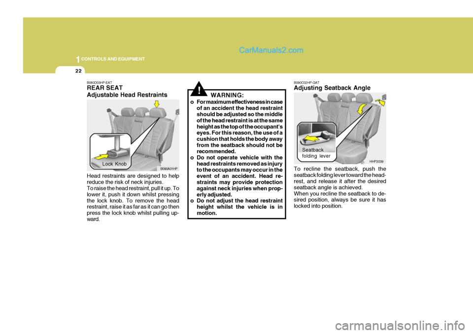 Hyundai Terracan 2006 Owners Manual 1CONTROLS AND EQUIPMENT
22
!
B080D03HP-EAT REAR SEAT Adjustable Head Restraints Head restraints are designed to help reduce the risk of neck injuries. To raise the head restraint, pull it up. To lower Hyundai Terracan 2006 Owners Manual 1CONTROLS AND EQUIPMENT
22
!
B080D03HP-EAT REAR SEAT Adjustable Head Restraints Head restraints are designed to help reduce the risk of neck injuries. To raise the head restraint, pull it up. To lower