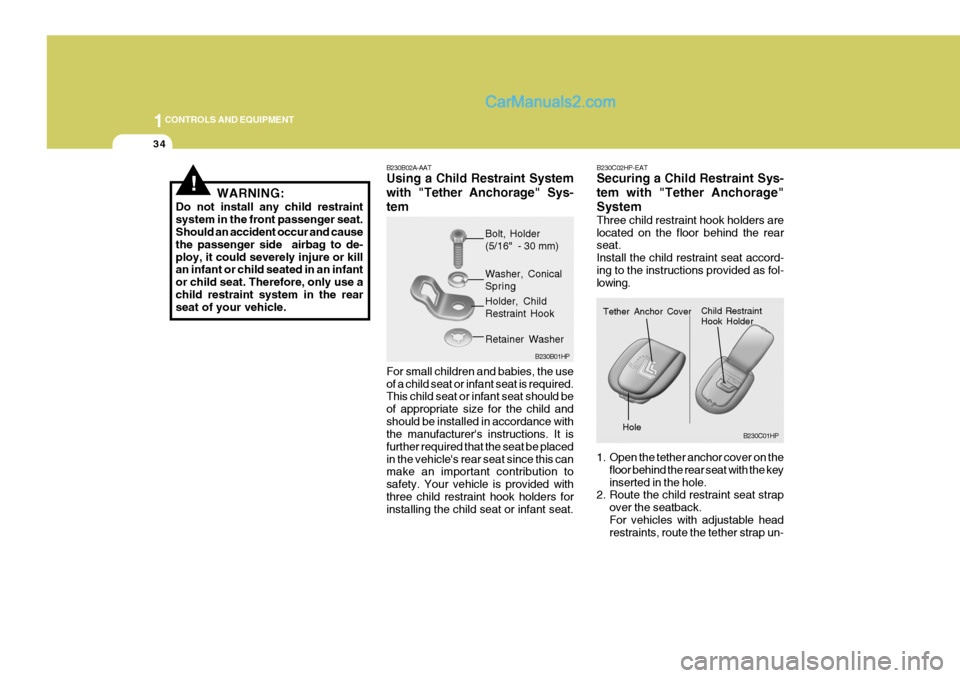 Hyundai Terracan 2006 Owners Manual 1CONTROLS AND EQUIPMENT
34
!WARNING:
Do not install any child restraint system in the front passenger seat. Should an accident occur and cause the passenger side airbag to de-ploy, it could severely Hyundai Terracan 2006 Owners Manual 1CONTROLS AND EQUIPMENT
34
!WARNING:
Do not install any child restraint system in the front passenger seat. Should an accident occur and cause the passenger side airbag to de-ploy, it could severely