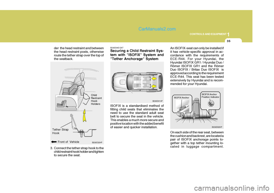 Hyundai Terracan 2006 Owners Manual 1
CONTROLS AND EQUIPMENT
35
B230C02HP
Front of Vehicle
der the head restraint and between the head restraint posts, otherwiseroute the tether strap over the top of the seatback.
3. Connect the tethe Hyundai Terracan 2006 Owners Manual 1
CONTROLS AND EQUIPMENT
35
B230C02HP
Front of Vehicle
der the head restraint and between the head restraint posts, otherwiseroute the tether strap over the top of the seatback.
3. Connect the tethe