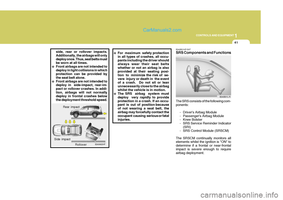 Hyundai Terracan 2006 Owners Manual 1
CONTROLS AND EQUIPMENT
41
side, rear or rollover impacts. Additionally, the airbags will onlydeploy once. Thus, seat belts must be worn at all times.
o Front airbags are not intended to
deploy in li Hyundai Terracan 2006 Owners Manual 1
CONTROLS AND EQUIPMENT
41
side, rear or rollover impacts. Additionally, the airbags will onlydeploy once. Thus, seat belts must be worn at all times.
o Front airbags are not intended to
deploy in li