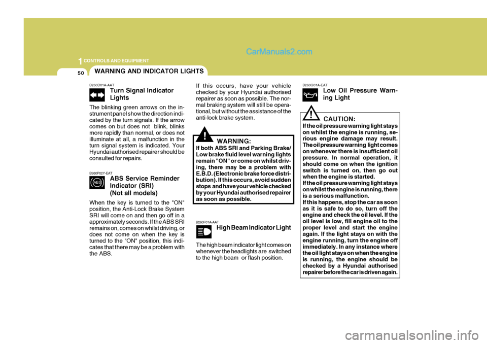 Hyundai Terracan 2006 Owners Manual 1CONTROLS AND EQUIPMENT
50
!
!
!
B260P02Y-EAT
ABS Service Reminder Indicator (SRI) (Not all models)
When the key is turned to the "ON" position, the Anti-Lock Brake System SRI will come on and then go Hyundai Terracan 2006 Owners Manual 1CONTROLS AND EQUIPMENT
50
!
!
!
B260P02Y-EAT
ABS Service Reminder Indicator (SRI) (Not all models)
When the key is turned to the "ON" position, the Anti-Lock Brake System SRI will come on and then go