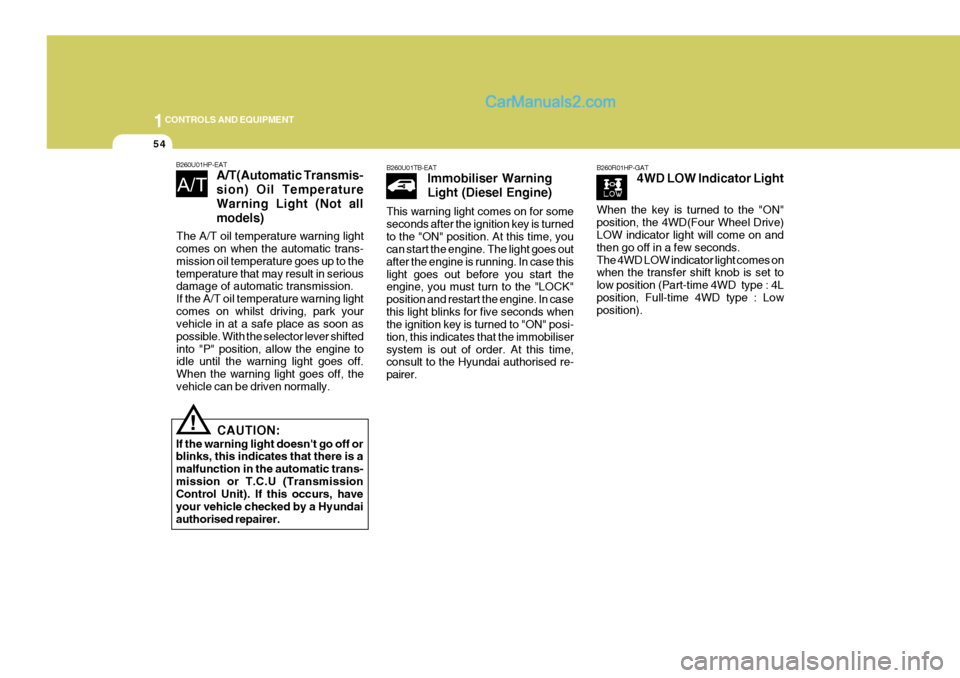 Hyundai Terracan 2006 Owners Manual 1CONTROLS AND EQUIPMENT
54
!
B260U01HP-EAT
A/T(Automatic Transmis- sion) Oil TemperatureWarning Light (Not allmodels)
CAUTION:
If the warning light doesnt go off or blinks, this indicates that there Hyundai Terracan 2006 Owners Manual 1CONTROLS AND EQUIPMENT
54
!
B260U01HP-EAT
A/T(Automatic Transmis- sion) Oil TemperatureWarning Light (Not allmodels)
CAUTION:
If the warning light doesnt go off or blinks, this indicates that there