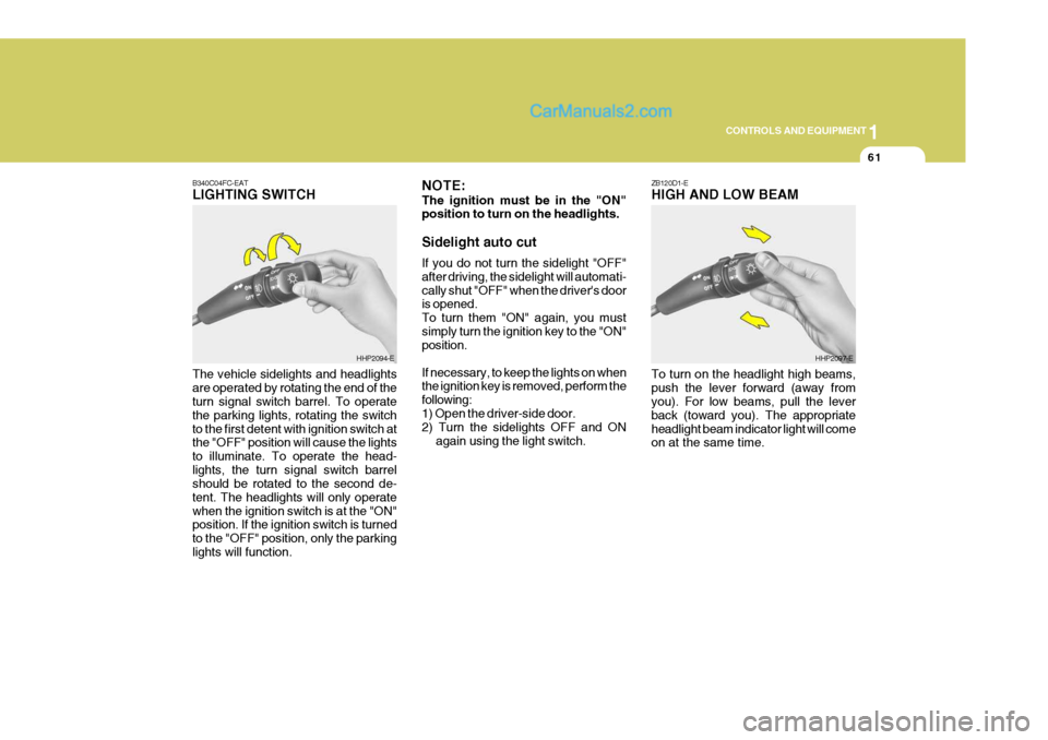 Hyundai Terracan 2006 Owners Guide 1
CONTROLS AND EQUIPMENT
61
ZB120D1-E HIGH AND LOW BEAM
B340C04FC-EATLIGHTING SWITCH The vehicle sidelights and headlights are operated by rotating the end of the turn signal switch barrel. To operate