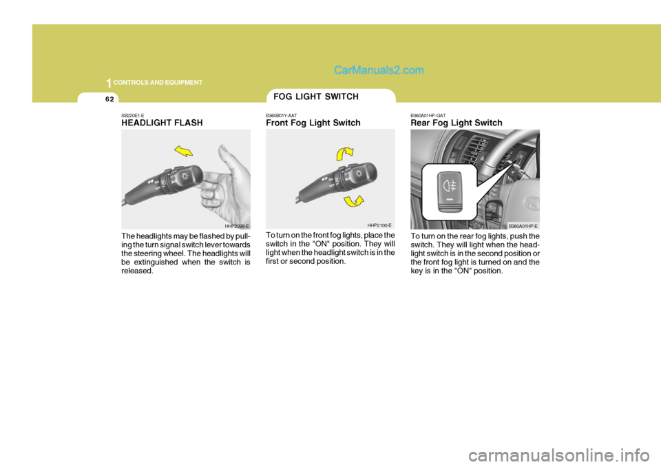 Hyundai Terracan 2006 Owners Manual 1CONTROLS AND EQUIPMENT
62FOG LIGHT SWITCH
B360B01Y-AAT Front Fog Light Switch To turn on the front fog lights, place the switch in the "ON" position. They will light when the headlight switch is in t Hyundai Terracan 2006 Owners Manual 1CONTROLS AND EQUIPMENT
62FOG LIGHT SWITCH
B360B01Y-AAT Front Fog Light Switch To turn on the front fog lights, place the switch in the "ON" position. They will light when the headlight switch is in t