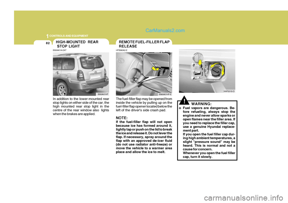 Hyundai Terracan 2006 Owners Manual 1CONTROLS AND EQUIPMENT
82
!The fuel-filler flap may be opened from inside the vehicle by pulling up on the fuel-filler flap opener located below the left of the drivers side crash pad. NOTE: If the Hyundai Terracan 2006 Owners Manual 1CONTROLS AND EQUIPMENT
82
!The fuel-filler flap may be opened from inside the vehicle by pulling up on the fuel-filler flap opener located below the left of the drivers side crash pad. NOTE: If the