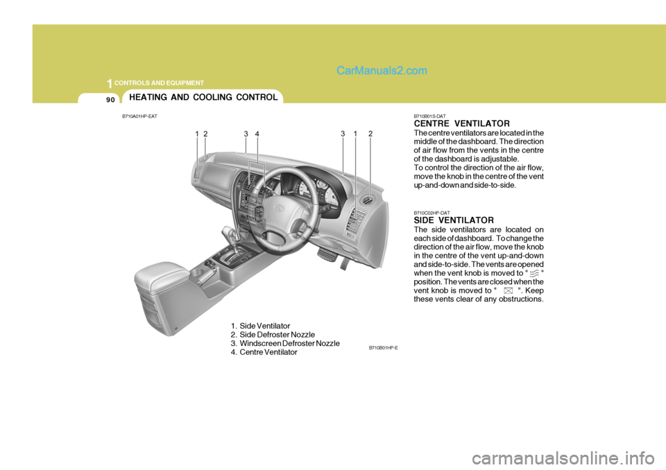 Hyundai Terracan 2006 Owners Manual 1CONTROLS AND EQUIPMENT
90
B710B01S-DAT CENTRE VENTILATOR The centre ventilators are located in the middle of the dashboard. The direction of air flow from the vents in the centreof the dashboard is a Hyundai Terracan 2006 Owners Manual 1CONTROLS AND EQUIPMENT
90
B710B01S-DAT CENTRE VENTILATOR The centre ventilators are located in the middle of the dashboard. The direction of air flow from the vents in the centreof the dashboard is a
