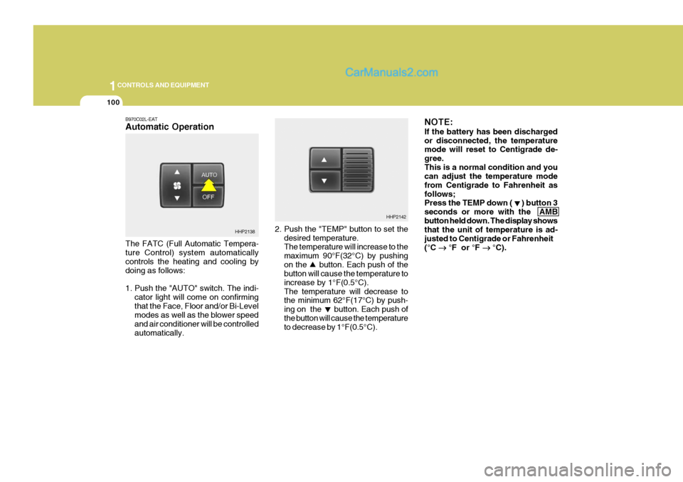 Hyundai Terracan 2006  Owners Manual 1CONTROLS AND EQUIPMENT
100
2. Push the "TEMP" button to set thedesired temperature. The temperature will increase to the maximum 90°F(32°C) by pushingon the     button. Each push of the button will