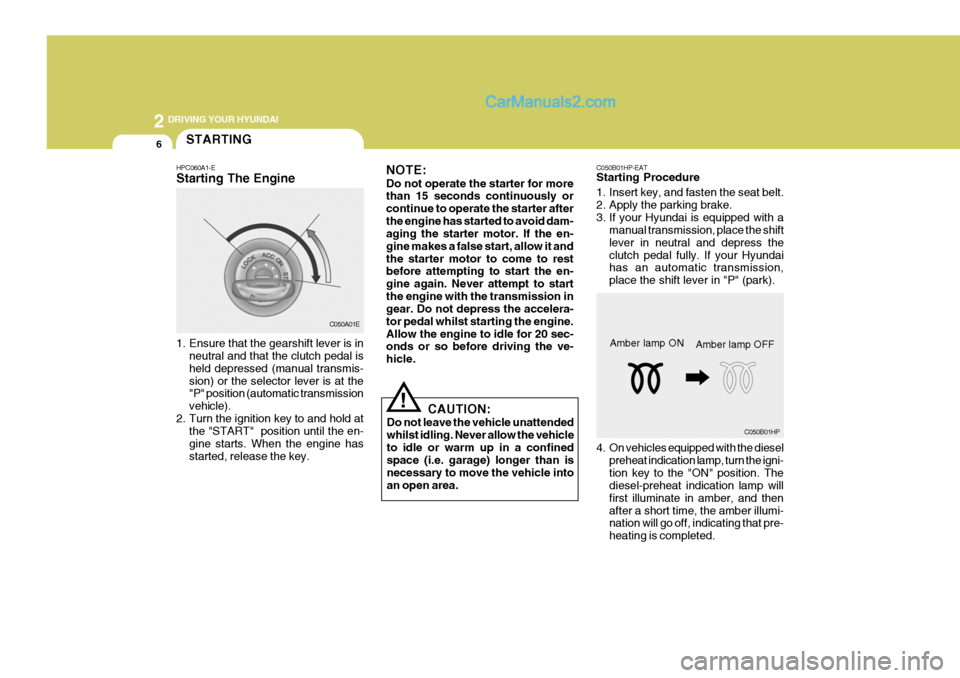 Hyundai Terracan 2006 User Guide 2 DRIVING YOUR HYUNDAI
6
!
NOTE: Do not operate the starter for more than 15 seconds continuously or continue to operate the starter afterthe engine has started to avoid dam- aging the starter motor. 