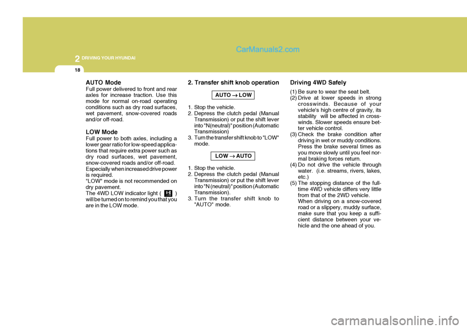 Hyundai Terracan 2006  Owners Manual 2 DRIVING YOUR HYUNDAI
18
2. Transfer shift knob operationAUTO ��
��
�  LOW
1. Stop the vehicle. 
2. Depress the clutch pedal (Manual Transmission) or put the shift lever into "N(neutral)" position (A