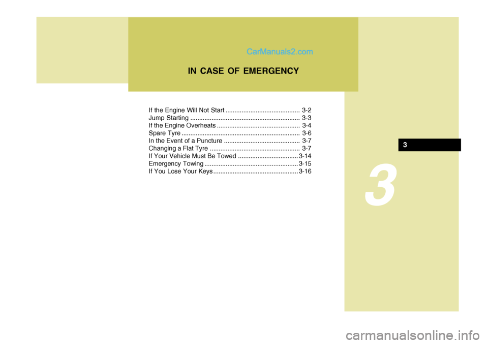 Hyundai Terracan 2006  Owners Manual 3
If the Engine Will Not Start .......................................... 3-2 
Jump Starting .............................................................. 3-3
If the Engine Overheats ................