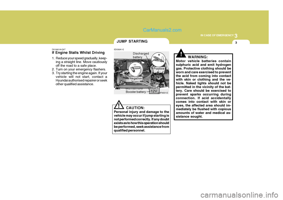 Hyundai Terracan 2006 Owners Guide 3
IN CASE OF EMERGENCY
3
!
D010A01A-EAT If Engine Stalls Whilst Driving 
1. Reduce your speed gradually, keep-
ing a straight line. Move cautiously off the road to a safe place.
2. Turn on your emerge