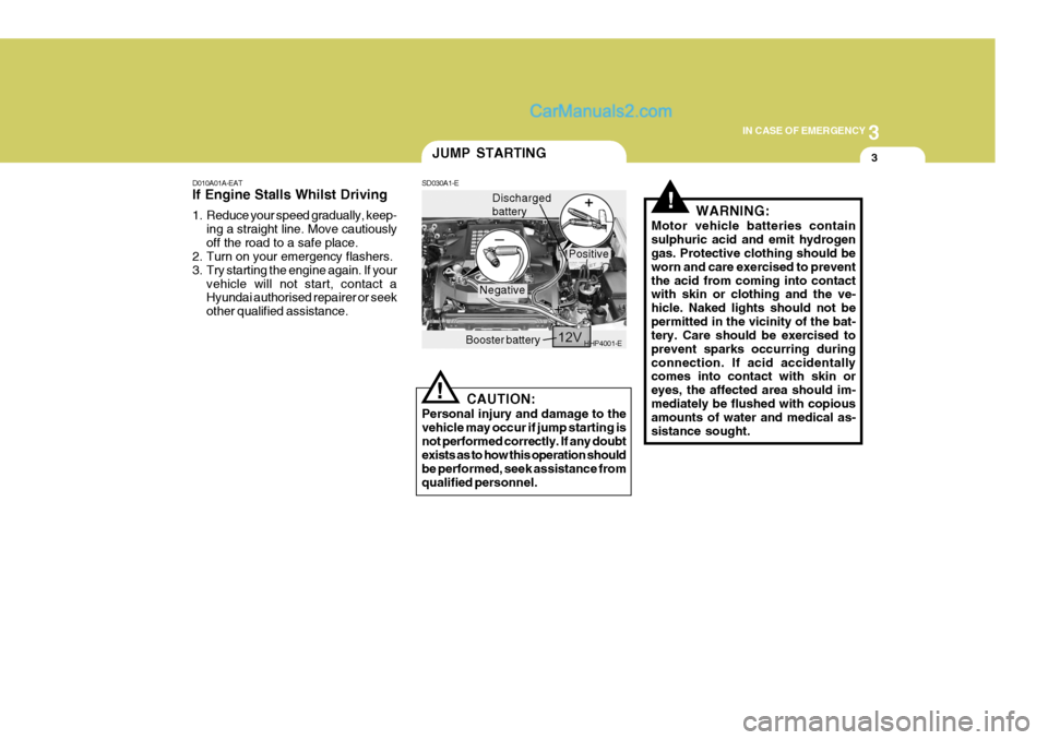 Hyundai Terracan 2006  Owners Manual 3
IN CASE OF EMERGENCY
3
!
D010A01A-EAT If Engine Stalls Whilst Driving 
1. Reduce your speed gradually, keep-
ing a straight line. Move cautiously off the road to a safe place.
2. Turn on your emerge