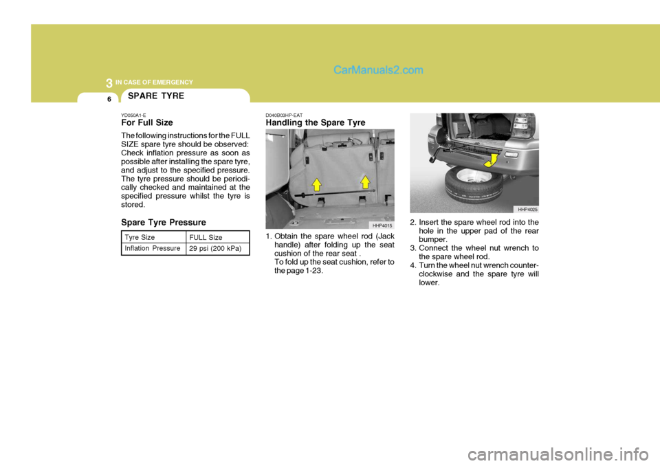 Hyundai Terracan 2006  Owners Manual 3 IN CASE OF EMERGENCY
6
D040B03HP-EAT Handling the Spare Tyre 
1. Obtain the spare wheel rod (Jackhandle) after folding up the seat cushion of the rear seat . To fold up the seat cushion, refer to th