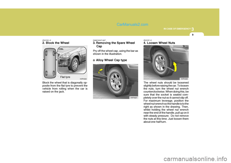 Hyundai Terracan 2006  Owners Manual 3
IN CASE OF EMERGENCY
9
ZD070D1-E 2. Block the Wheel Block the wheel that is diagonally op- posite from the flat tyre to prevent thevehicle from rolling when the car is raised on the jack.
Flat tyre 