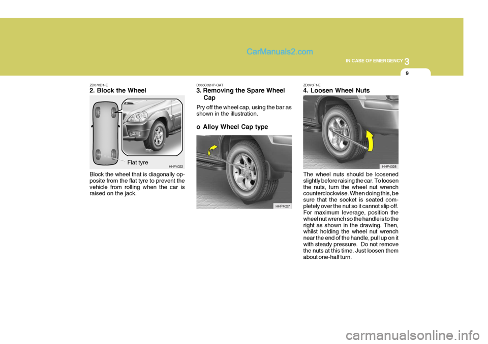 Hyundai Terracan 2006 Owners Manual 3
IN CASE OF EMERGENCY
9
ZD070D1-E 2. Block the Wheel Block the wheel that is diagonally op- posite from the flat tyre to prevent thevehicle from rolling when the car is raised on the jack.
Flat tyre Hyundai Terracan 2006 Owners Manual 3
IN CASE OF EMERGENCY
9
ZD070D1-E 2. Block the Wheel Block the wheel that is diagonally op- posite from the flat tyre to prevent thevehicle from rolling when the car is raised on the jack.
Flat tyre