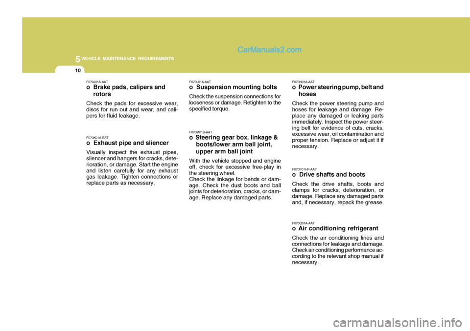 Hyundai Terracan 2006 Owners Manual 5VEHICLE MAINTENANCE REQUIREMENTS
10
F070J01A-AAT
o Brake pads, calipers and rotors
Check the pads for excessive wear, discs for run out and wear, and cali- pers for fluid leakage. F070K01A-EAT o Hyundai Terracan 2006 Owners Manual 5VEHICLE MAINTENANCE REQUIREMENTS
10
F070J01A-AAT
o Brake pads, calipers and rotors
Check the pads for excessive wear, discs for run out and wear, and cali- pers for fluid leakage. F070K01A-EAT o