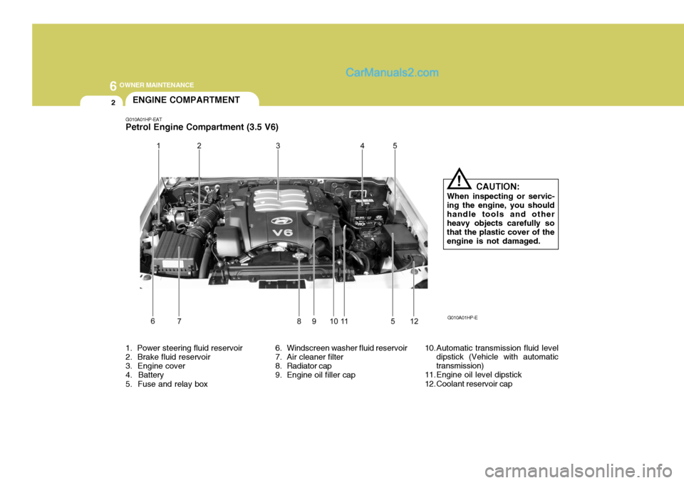 Hyundai Terracan 2006 Owners Manual 6 OWNER MAINTENANCE
2
1. Power steering fluid reservoir 2. Brake fluid reservoir 3. Engine cover 4. Battery 5. Fuse and relay box 6. Windscreen washer fluid reservoir
7. Air cleaner filter
8. R Hyundai Terracan 2006 Owners Manual 6 OWNER MAINTENANCE
2
1. Power steering fluid reservoir 2. Brake fluid reservoir 3. Engine cover 4. Battery 5. Fuse and relay box 6. Windscreen washer fluid reservoir
7. Air cleaner filter
8. R