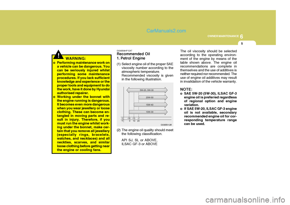 Hyundai Terracan 2006  Owners Manual 6
OWNER MAINTENANCE
5
G030B06HP-EAT
Recommended Oil 
1. Petrol Engine 
(1) Select engine oil of the proper SAE
viscosity number according to the atmospheric temperature. Recommended viscosity is given