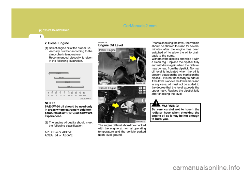 Hyundai Terracan 2006  Owners Manual 6 OWNER MAINTENANCE
6
SG030C2-E
Engine Oil Level
The engine oil level should be checked with the engine at normal operating temperature and the vehicle parkedupon level ground. Prior to checking the l