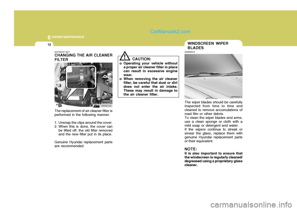 Hyundai Terracan 2006  Owners Manual 6 OWNER MAINTENANCE
12
!
G070A03Y-AAT CHANGING THE AIR CLEANER FILTER
CAUTION:
o Operating your vehicle without a proper air cleaner filter in place can result in excessive enginewear.
o When removing