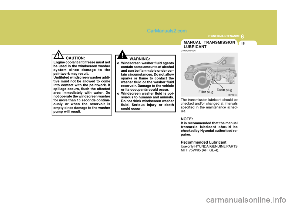 Hyundai Terracan 2006  Owners Manual 6
OWNER MAINTENANCE
15
!!
CAUTION:
Engine coolant anti freeze must not be used in the windscreen washersystem since damage to the paintwork may result. Undiluted windscreen washer addi- tive must not 