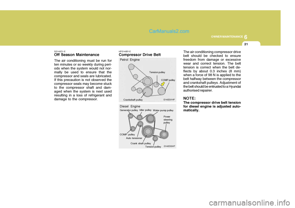 Hyundai Terracan 2006  Owners Manual 6
OWNER MAINTENANCE
21
SG140D1-E
Off Season Maintenance
The air conditioning must be run for ten minutes or so weekly during peri- ods when the system would not nor- mally be used to ensure that theco