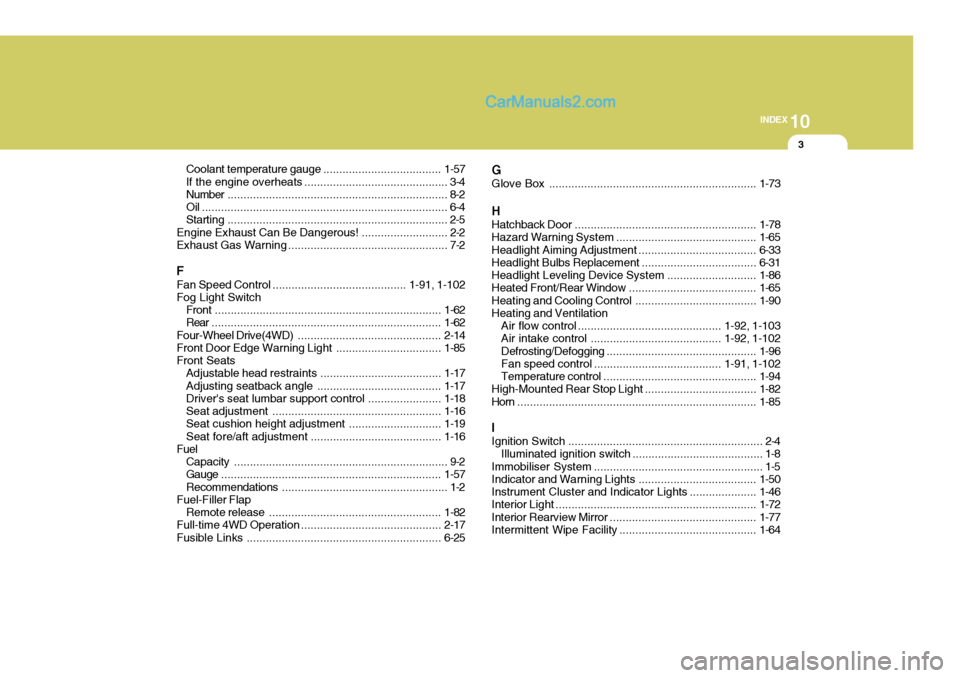 Hyundai Terracan 2006 Owners Guide 10
INDEX
3
Coolant temperature gauge .....................................1-57
If the engine  overheats ............................................. 3-4
Number .......................................