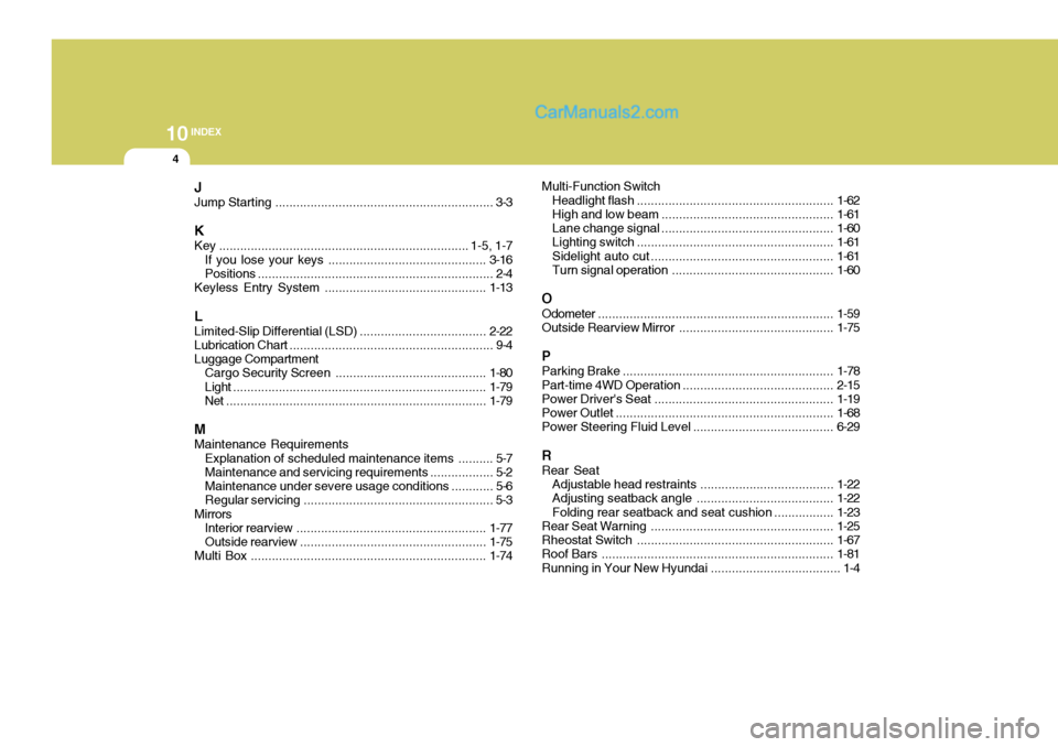 Hyundai Terracan 2006  Owners Manual 10INDEX
4
J Jump Starting .............................................................. 3-3
K
Key ....................................................................... 1-5, 1-7
If you lose y our ke